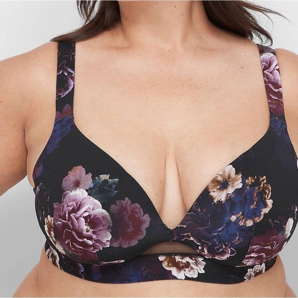 Cacique Black Purple Floral Lightly Lined Plunge Bra Women's Size 46DD - Picture 15 of 15